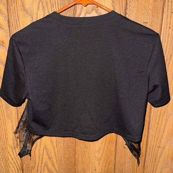 Darlingaga Black Graphic Crop Top with Lace & Chain Corset Detail - Picture 3 of 5